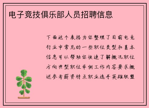 电子竞技俱乐部人员招聘信息